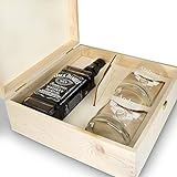 polar-effekt Whisky Geschenkset - 6-Teilig - Deutsche Herstellung - Jack Daniels No.7 Flasche - 2 Untersetzer - 2 Whiskygläser - personalisiert Motiv: Fass im Banner